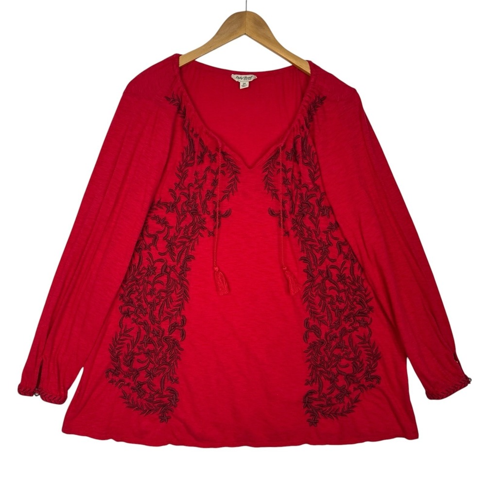 Lucky Brand Embroidered Peasant Top Women's 2X Red Boho Tassel Tie Long Sleeve